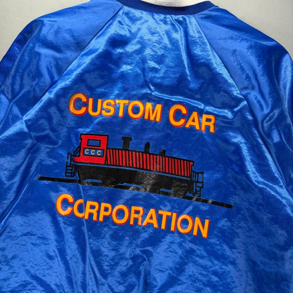 Vintage Railroad Satin Jacket Mens Large Four Seasons Blue Rail Car Snap 90s - Picture 7 of 10